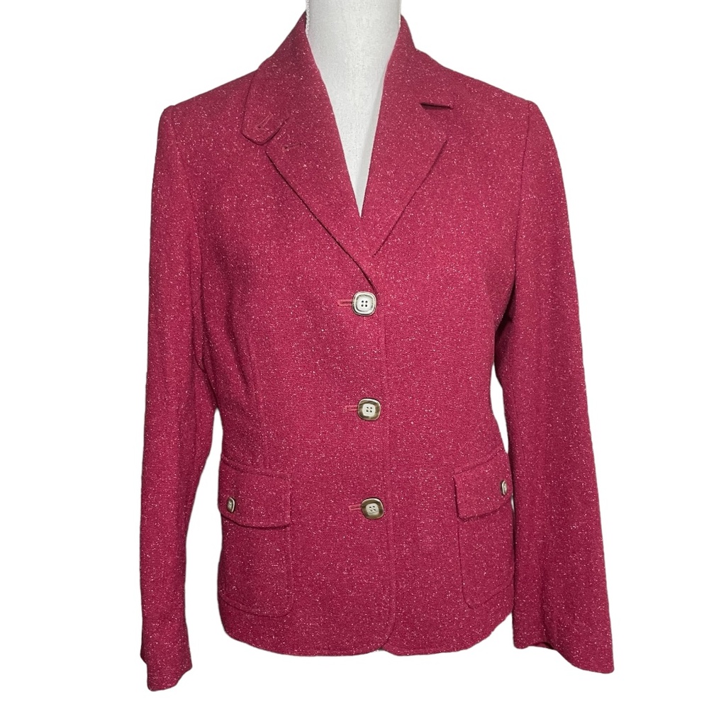 Wool Silk Blend Blazer MP Petite M Speckled Marled Cranberry Burgundy Red Pink